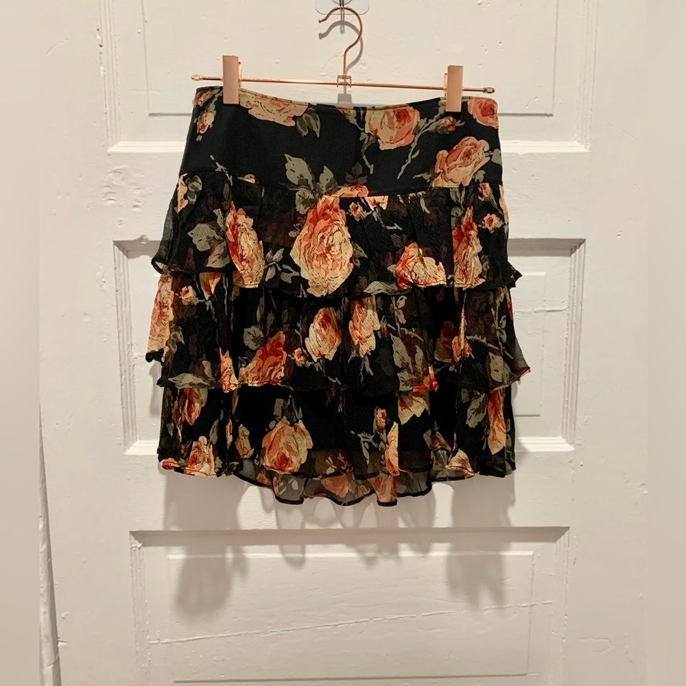 Silk Floral Ruffle Skirt - Black and Orange
